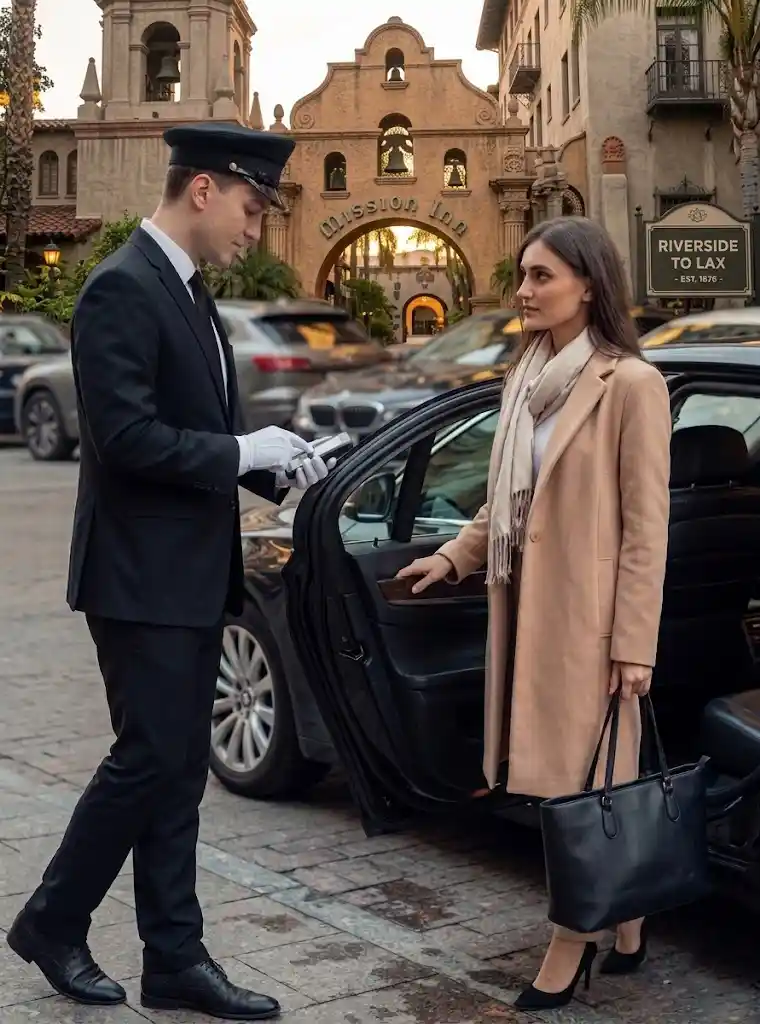 Professional private chauffeur in white gloves greeting an executive client at The Mission Inn Hotel in Riverside for an airport transfer to LAX.