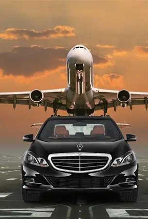 Professional chauffeur service Mercedes-Benz sedan on the runway, ideal for airport transportation and executive travel.