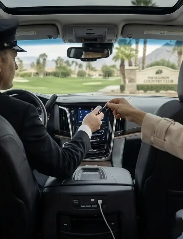 Interior view of a luxury SUV during a private car service transfer in Palm Desert, overlooking a golf course.