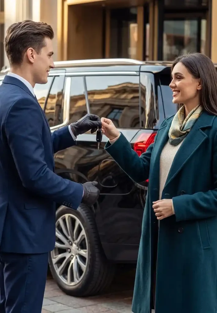 Professional chauffeur in a navy suit receiving car keys from a luxury client in front of a black GMC Yukon Denali in Palm Springs.