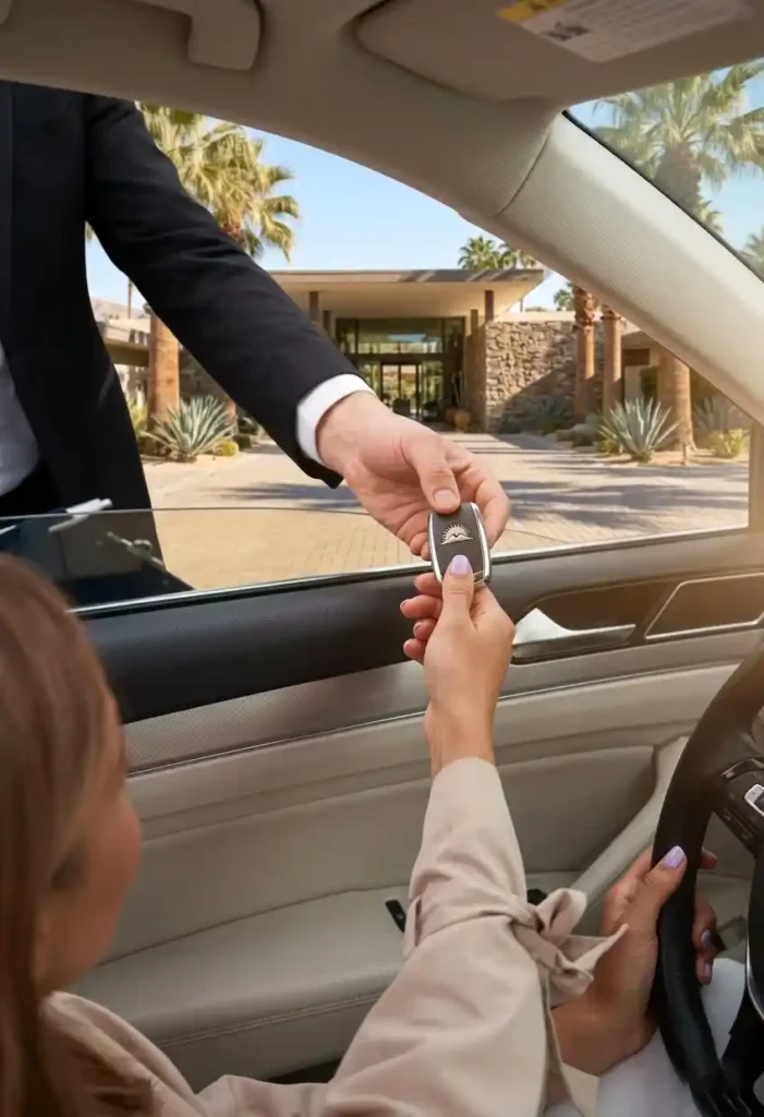 A close-up of a chauffeur's hand passing car keys to a client inside a luxury vehicle at a modern desert estate in Palm Springs, California.