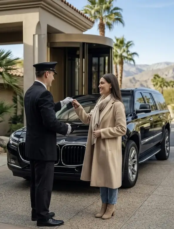 Professional chauffeur greeting a passenger at a luxury resort for Rancho Mirage Limo Service