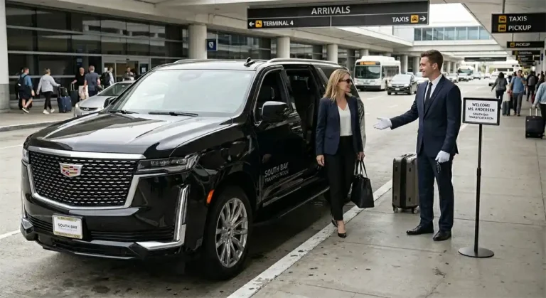 Professional chauffeur greeting an executive client at the airport with a black luxury SUV for Riverside transportation services.