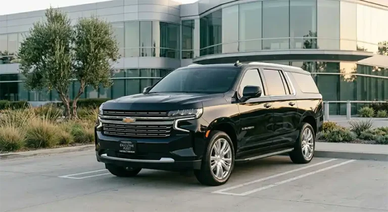 A black Chevrolet Suburban SUV from the Apollo Regional Transport executive fleet, parked in a professional setting with the "APOLLO 2" license plate clearly displayed.
