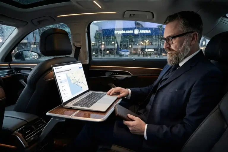 A corporate executive working on a laptop from the premium passenger cabin of an Apollo Regional Transport vehicle, with Crypto.com Arena visible through the window during a rainy evening transit.