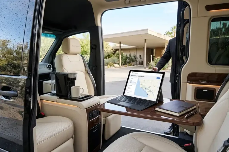 The exterior view of an executive luxury van from the Apollo Regional Transport network arriving at a pristine desert resort port-cochère in Palm Springs, highlighting the seamless point-to-point regional service.